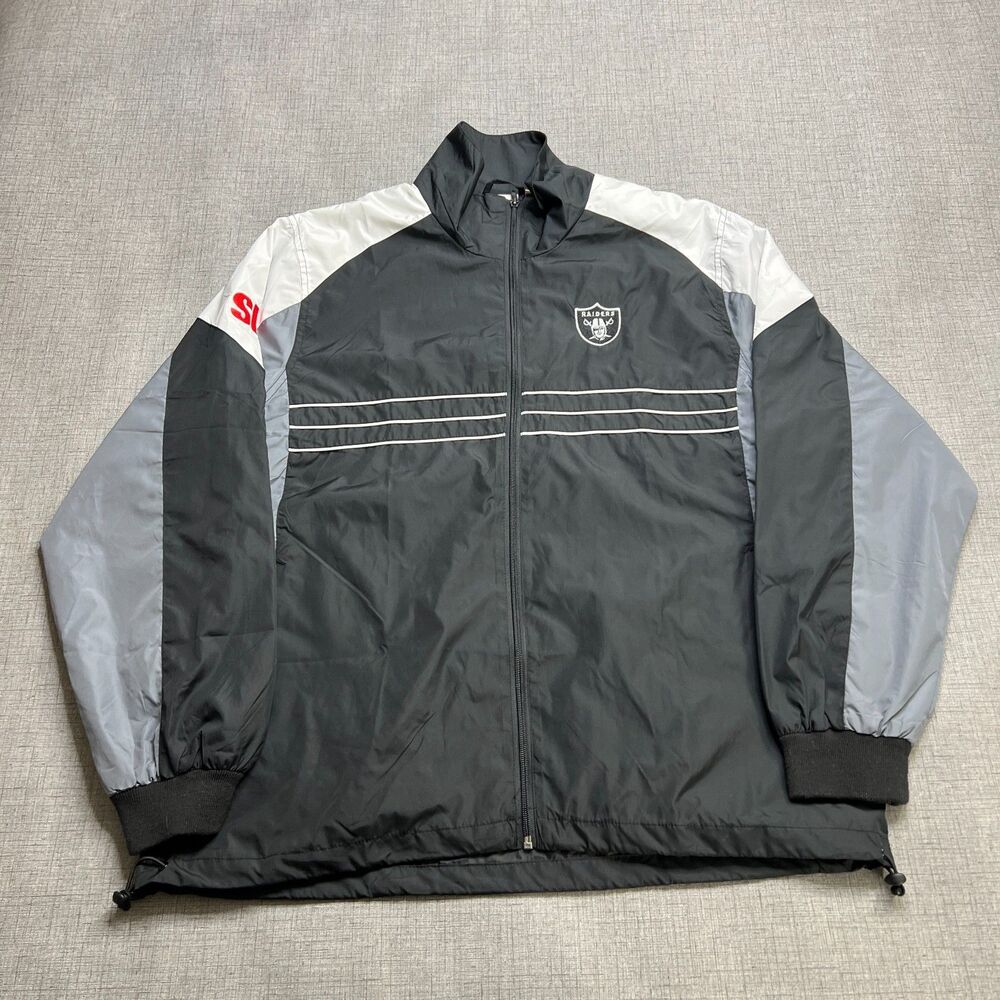 NFL Oakland Raiders Windbreaker Jacket Mens Large Black Gray Insulated Full Zip